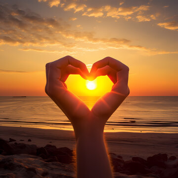 A pair of hands forming a heart shape with the sunset in the background.