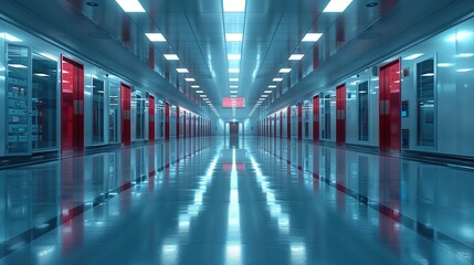 The blue tone of a long corridor in a medical or modern business center.