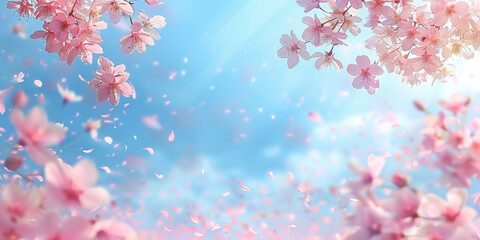 pink blossoms falling from the  sky  on blue sky background,	pink cherry blossoms wallpaper banner, empty space background
