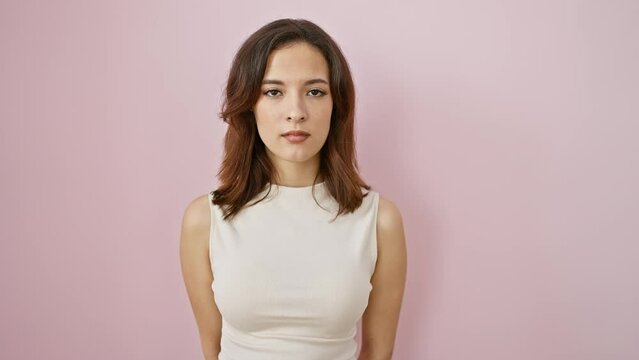 Head-turning young hispanic woman in sleeveless tee standing over pink isolated background, simple, natural look and serious face expression on camera