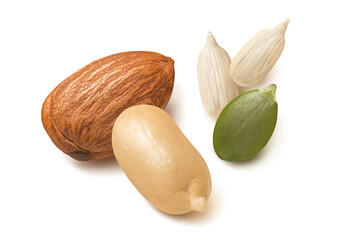 Separate nuts, almond, peanut, sunflower and pumpkin seeds isolated on white background.