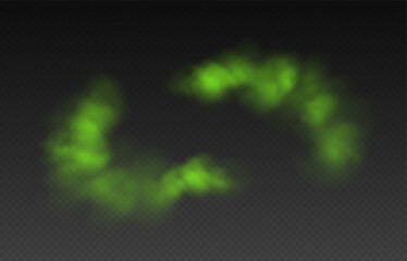 Green smoke, toxic cloud, realistic chemical gas, bad odour concept isolated on dark background. Vector illustration.
