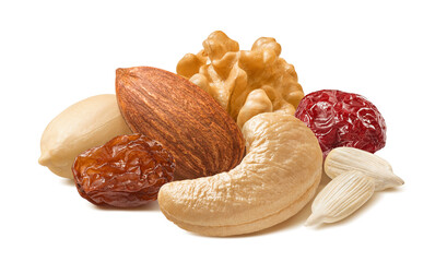 Sunflower seed, almond, cashew, peanut, walnut nut, raisin and cranberry isolated on white...