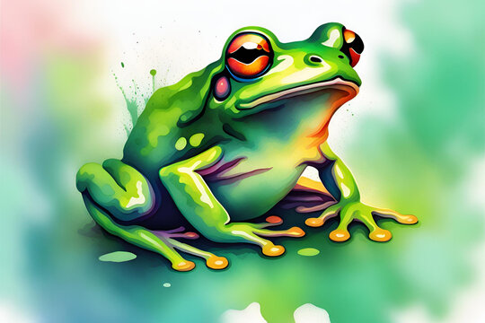 Modern colorful watercolor painting of a green frog, textured white paper background, vibrant paint splashes