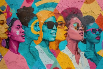 Graffiti street art. A group of young women. Street style. women's day background