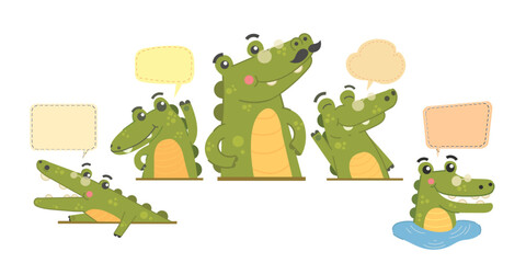 crocodile cartoon with speech bubble, Good,cute,sassy,cool,friendly crocodiles,vector isolated, crocodile cartoon set with speech bubble.