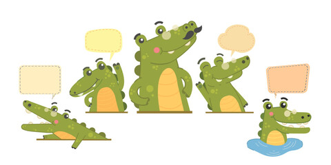 Fototapeta premium crocodile cartoon with speech bubble, Good,cute,sassy,cool,friendly crocodiles,vector isolated, crocodile cartoon set with speech bubble.
