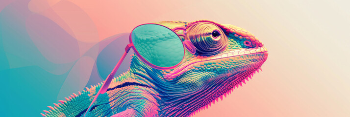 image of a chameleon with elegant sunglasses, highlighted against a pastel-colored background.