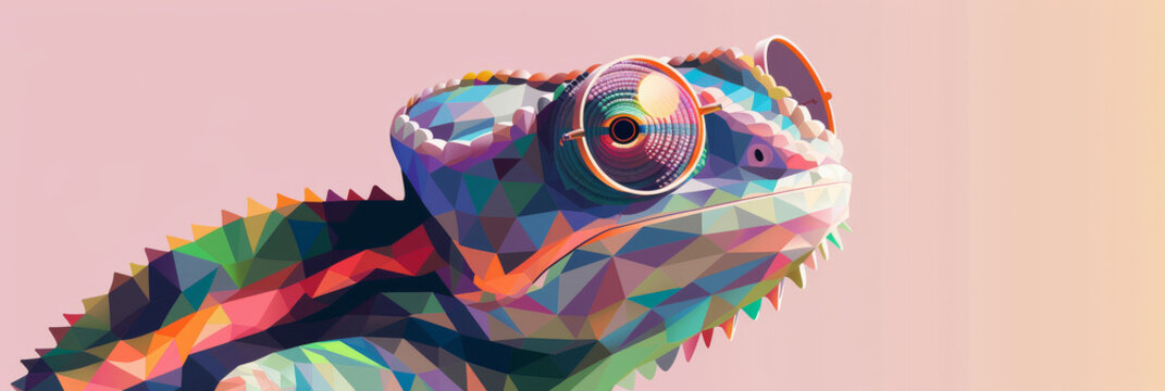 image of a chameleon with elegant sunglasses, highlighted against a pastel-colored background.
