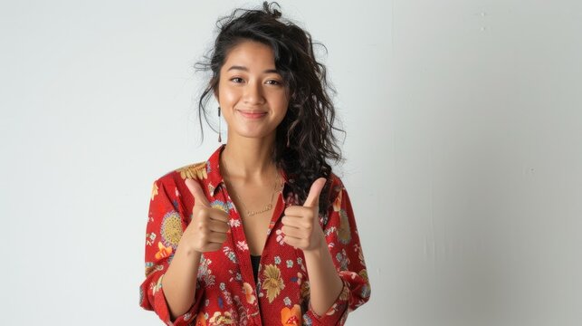Confidence and positivity with an image of a woman showing thumbs up. Generative AI technology
