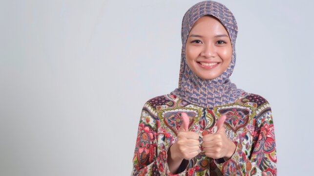 Confidence and positivity with an image of a Malay woman wearing a pastel suit and a flowery hijab, showing thumbs up. Generative AI technology