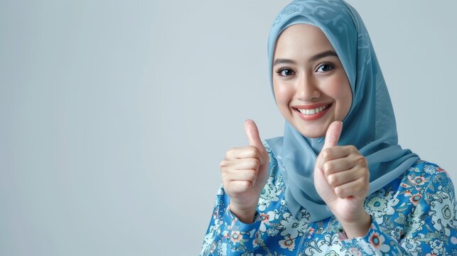 Confidence and positivity with an image of a Malay woman wearing a pastel suit and a flowery hijab, showing thumbs up. Generative AI technology