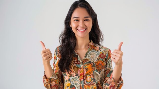 Confidence and positivity with an image of a Malay woman wearing a pastel suit and a flowery hijab, showing thumbs up. Generative AI technology