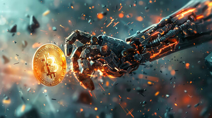 A robot hand shattering a Bitcoin coin into pieces - obrazy, fototapety, plakaty