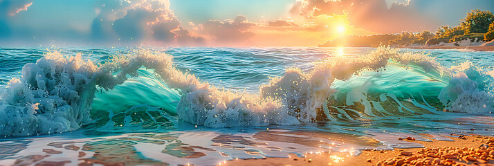 Dynamic Sea Waves at Sunset, Powerful Ocean Spray under Tropical Sunlight - obrazy, fototapety, plakaty