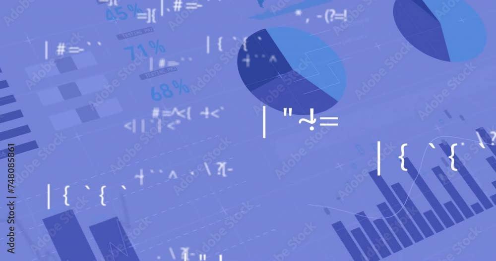 Aufkleber animation of data processing over graphs and charts on blue background