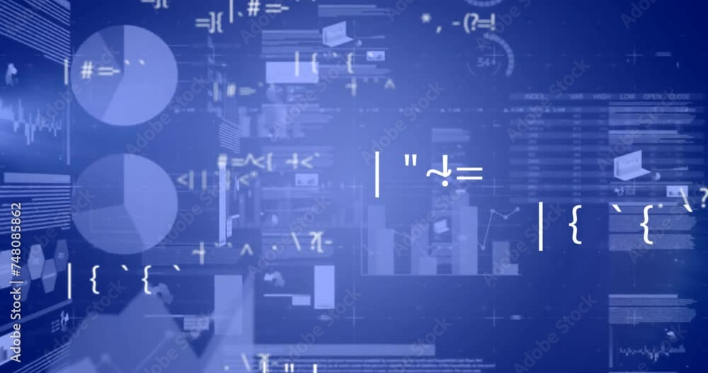 Aufkleber animation of data processing over interface screens with graphs and charts on blue background