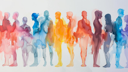 Obraz premium watercolor painting featuring silhouettes of people in a spectrum of multicolored hues against a pristine white background.