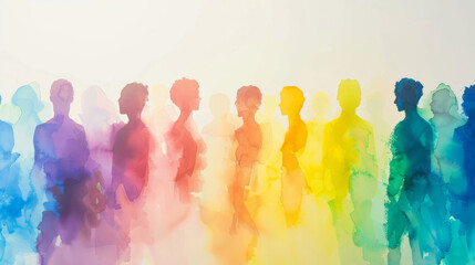 watercolor painting featuring silhouettes of people in a spectrum of multicolored hues against a pristine white background.