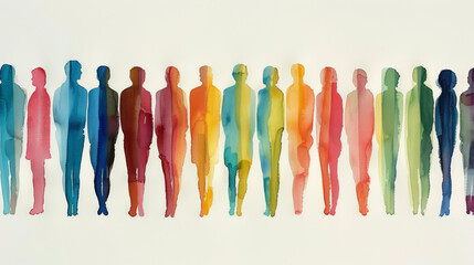 watercolor painting featuring silhouettes of people in a spectrum of multicolored hues against a pristine white background.