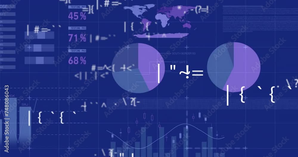 Aufkleber animation of data processing over graphs and charts on blue background