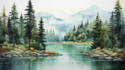 Calm waters of a mountain lake reflect the encompassing forest under a soft, misty mountain backdrop. Watercolor painting illustration.