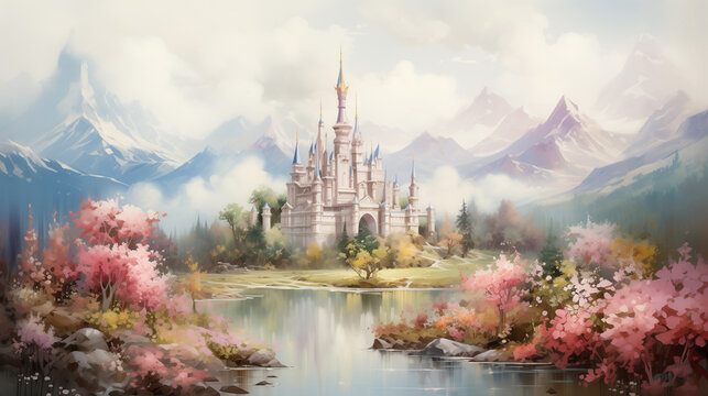 A fairytale castle stands majestic among misty mountains with a lake reflecting the beauty of the autumn-colored trees. Watercolor painting illustration.