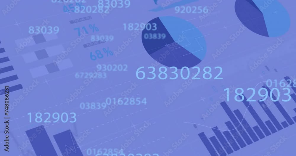 Aufkleber animation of data processing over graphs and charts on blue background
