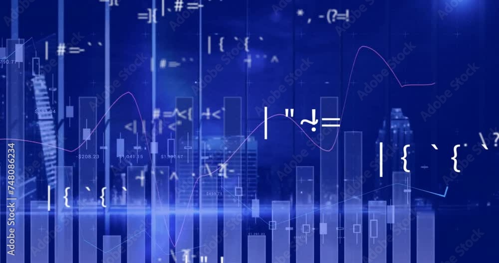 Aufkleber animation of data processing over graphs and charts over cityscape at night