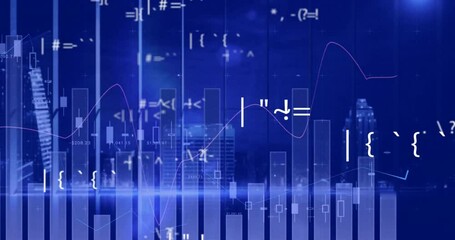 Animation of data processing over graphs and charts over cityscape at night - Powered by Adobe