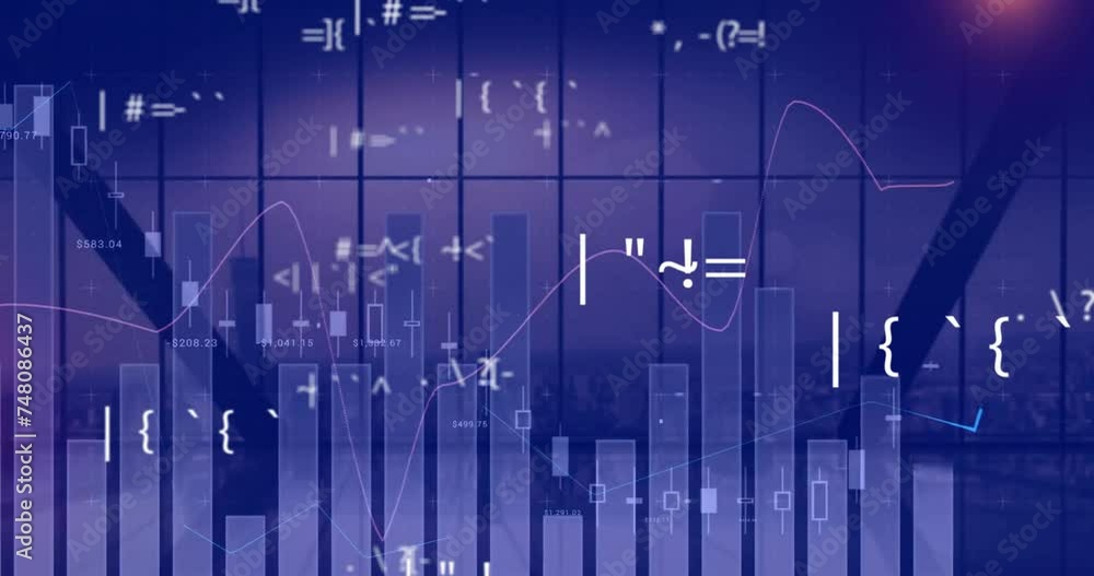 Aufkleber animation of data processing over graphs and charts over dark window in city