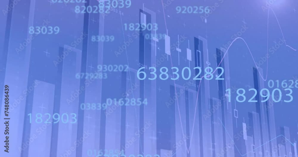 Aufkleber animation of data processing over graphs and charts on blue background