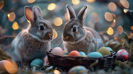 Fototapeta na wymiar Easter bunnies sitting near a basket of colorful eggs