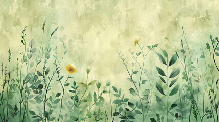 Obraz na płótnie Canvas wallpaper design of abstract watercolor in shades of green, featuring whimsical plants and flowers