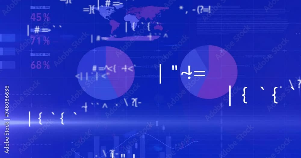 Aufkleber animation of data processing over graphs and charts on blue background