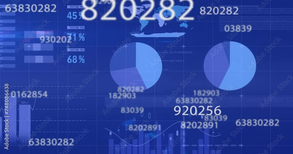 Aufkleber animation of data processing over graphs and charts on blue background