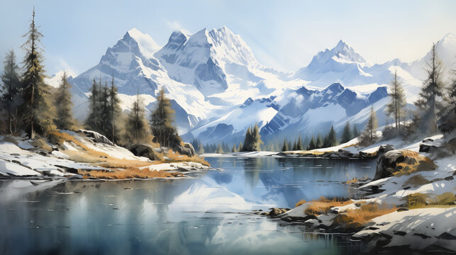 Nestled within the embrace of towering, snow-capped peaks, a serene lake is portrayed in a captivating watercolor scene. Watercolor painting illustration.