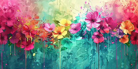 wallpaper design of abstract watercolor in shades of green, featuring whimsical plants and flowers
