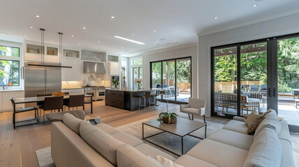 Fototapeta premium Minimalist interior with an open floor plan combining