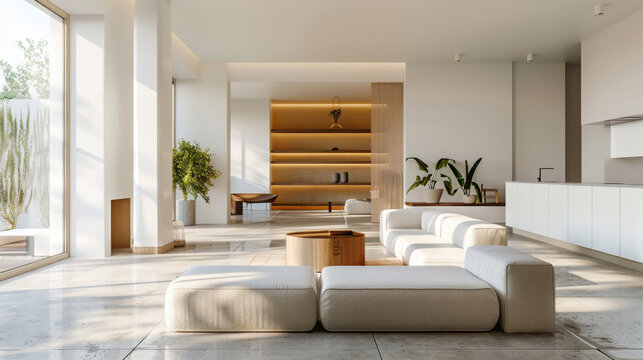 Minimalist interior with an open floor plan combining