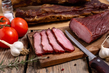 Dried meat on a wooden cutting board