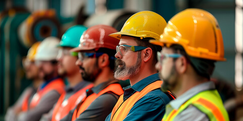 Skilled Engineering Team in Safety Gear at Industrial Site. Row of engineers in hard hats focused during a briefing at a manufacturing plant.