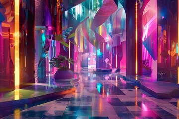 A dynamic and abstract background pulsating with neon lights and geometric shapes