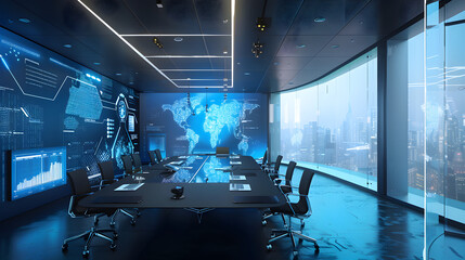 A futuristic business presentation with holographic visuals and interactive screens in a conference room


