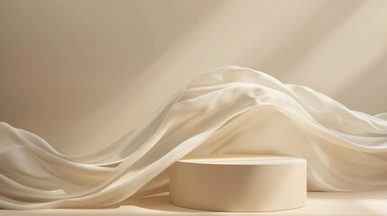 sophisticated 3D beauty product presentation stand, featuring a pedestal against a beige backdrop