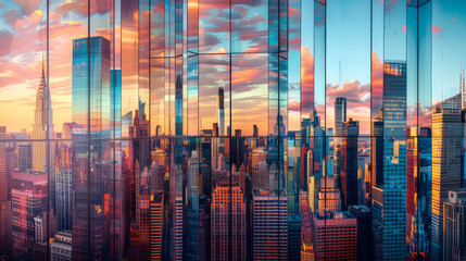 panoramic view of a bustling city skyline, where buildings adorned with countless glass windows