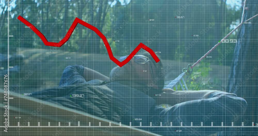 Poster animation of red line and financial data processing over caucasian man relaxing in hammock
