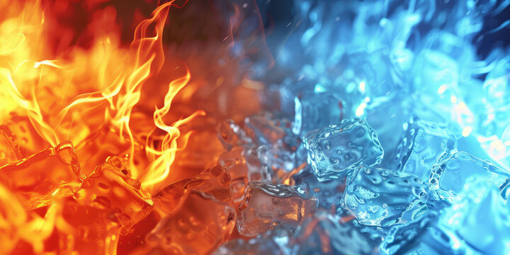 Fire and Ice Abstract Concept background. Vivid clash of fire and water ice in a dynamic closeup, wallpaper with copy space.