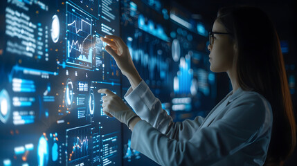 Fototapeta premium Businesswoman using holographic technology to analyze data projections in a high-tech workspace