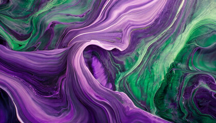 Abstract bright purple painting with green accents. Art with liquid fluid grunge texture.